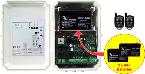 Control Box Kit Suitable for Solar Powered Single & Double APC Gate Systems, Supplied with APC Control Box, 24V SOLAR Control Board, 2 x 12V 9Ah Back-Up Batteries & 2 Remote Controls
